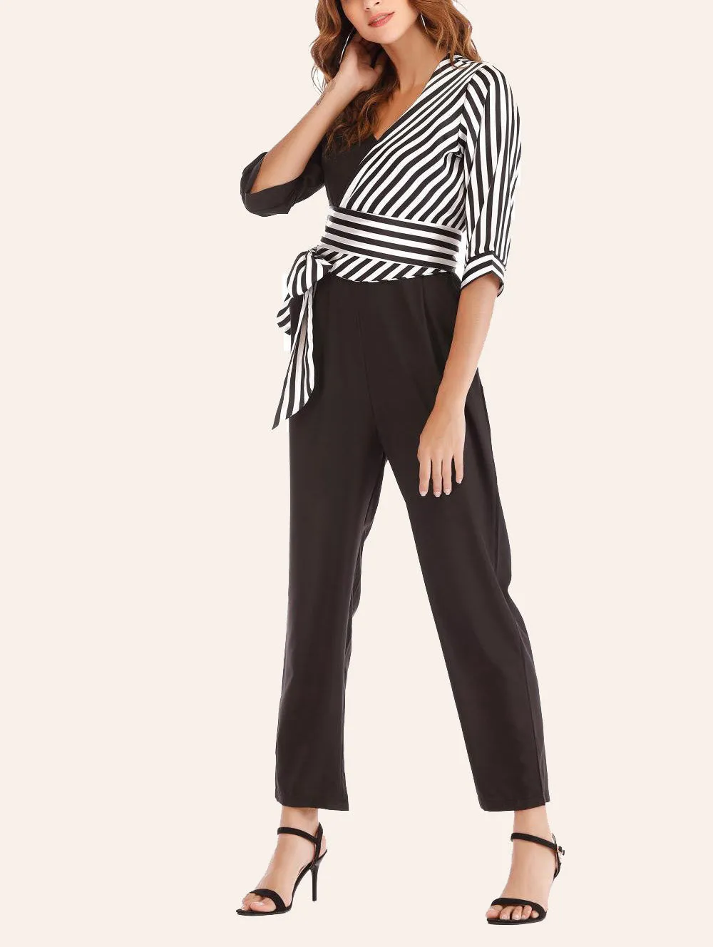 Sexy V-neck Cropped Sleeves Striped Stitching Lace-up Jumpsuit