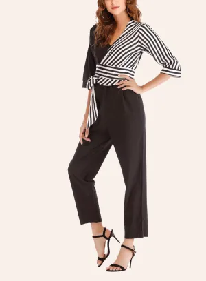 Sexy V-neck Cropped Sleeves Striped Stitching Lace-up Jumpsuit