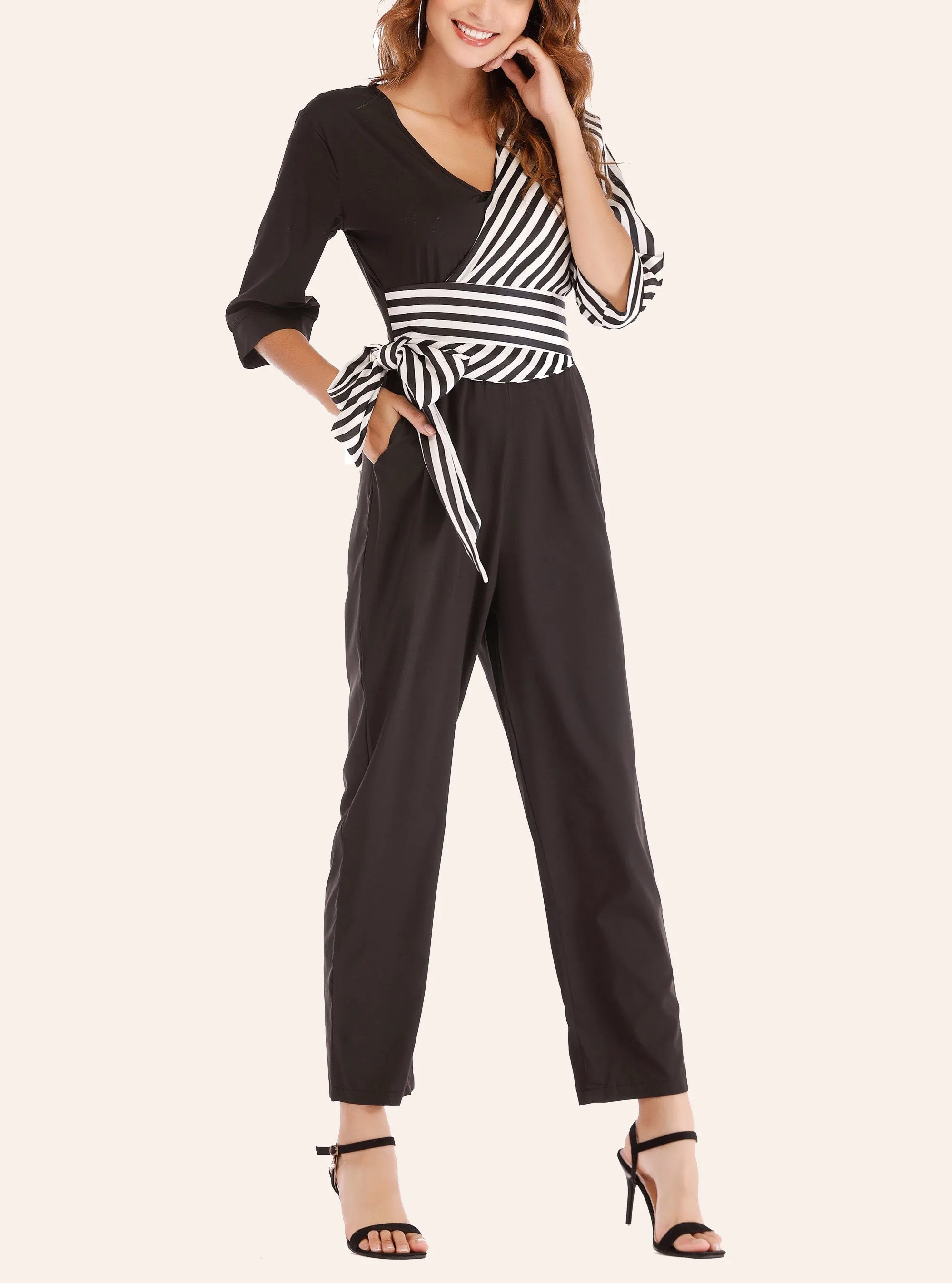 Sexy V-neck Cropped Sleeves Striped Stitching Lace-up Jumpsuit