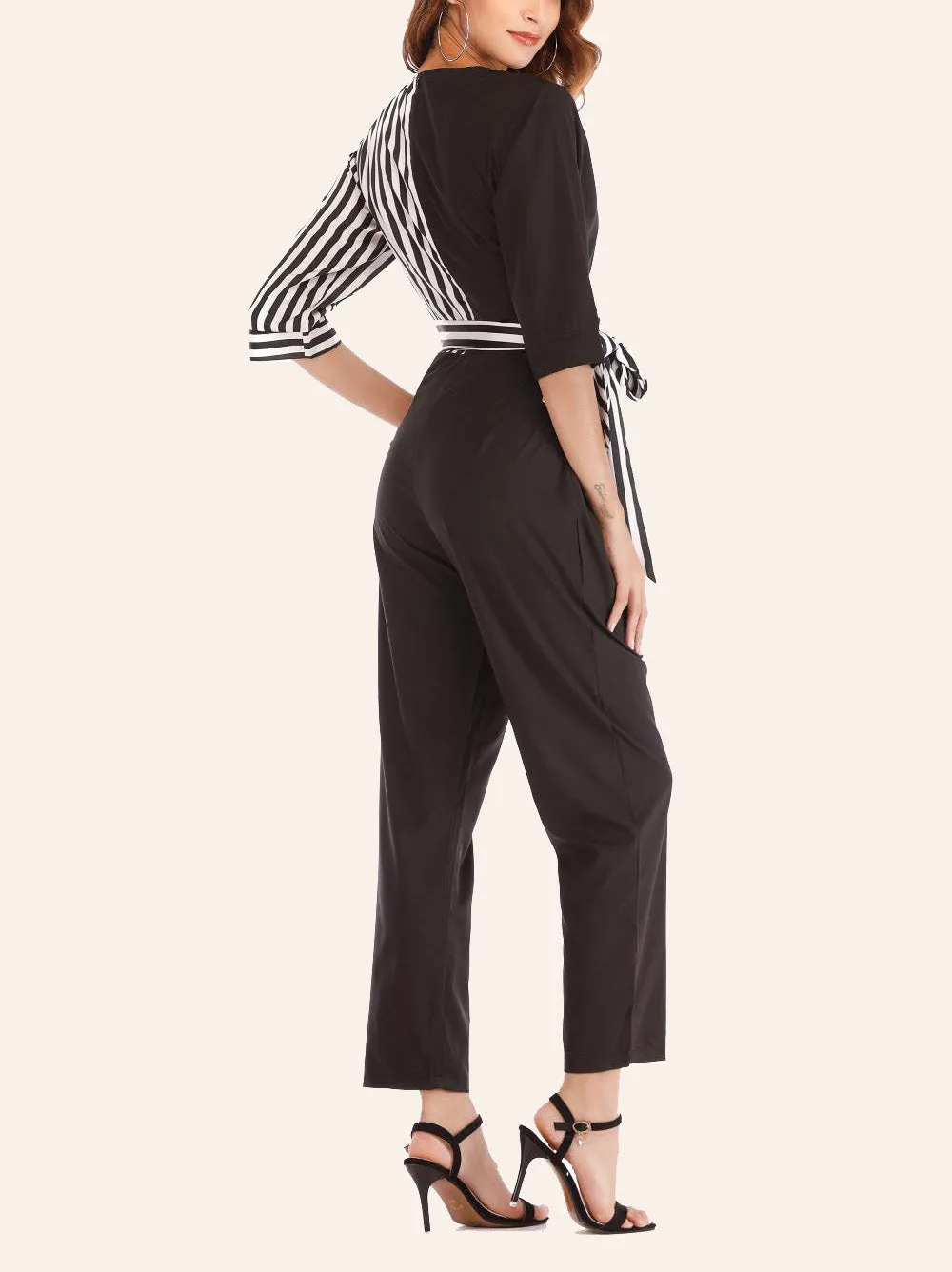 Sexy V-neck Cropped Sleeves Striped Stitching Lace-up Jumpsuit