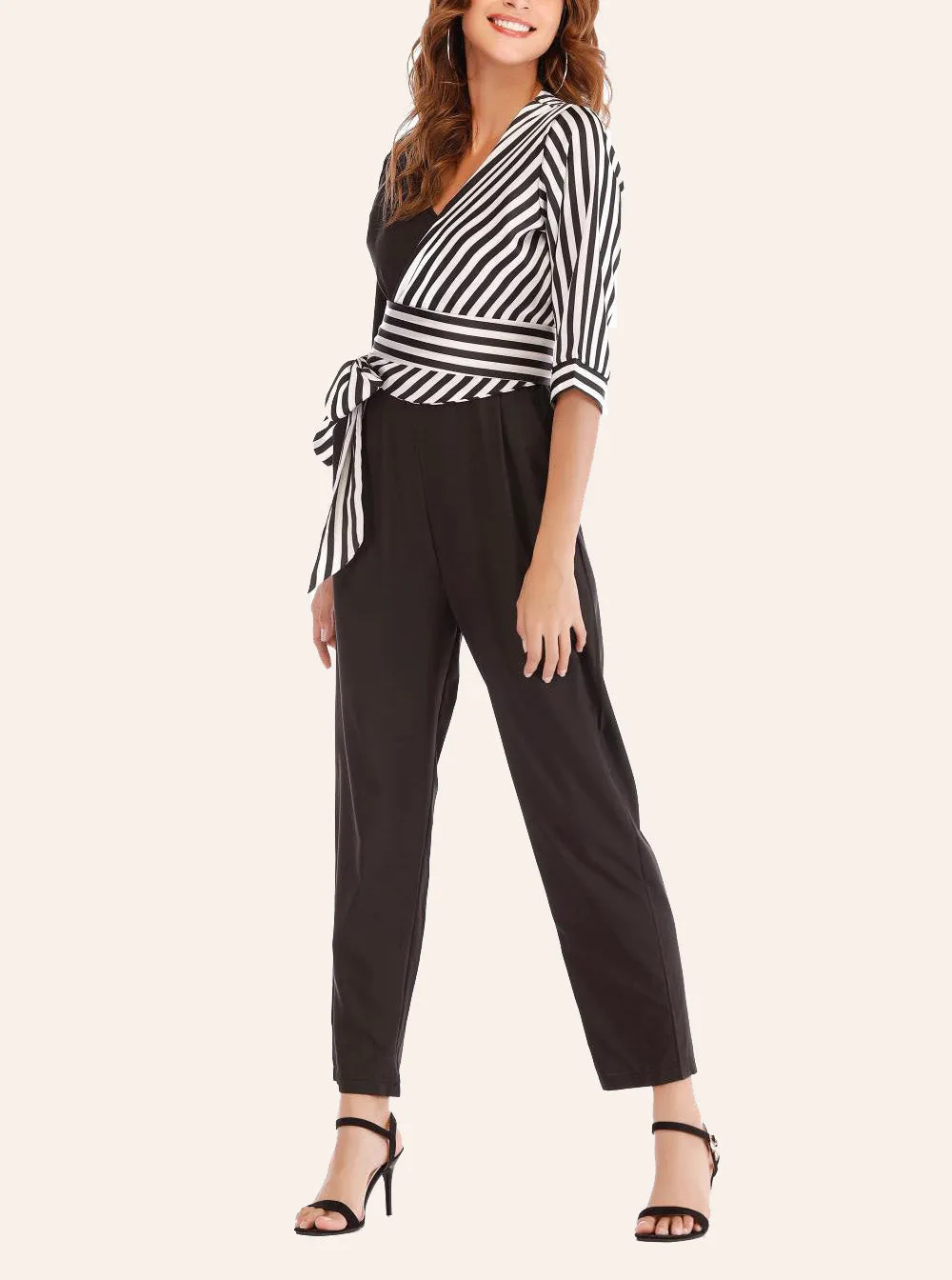 Sexy V-neck Cropped Sleeves Striped Stitching Lace-up Jumpsuit
