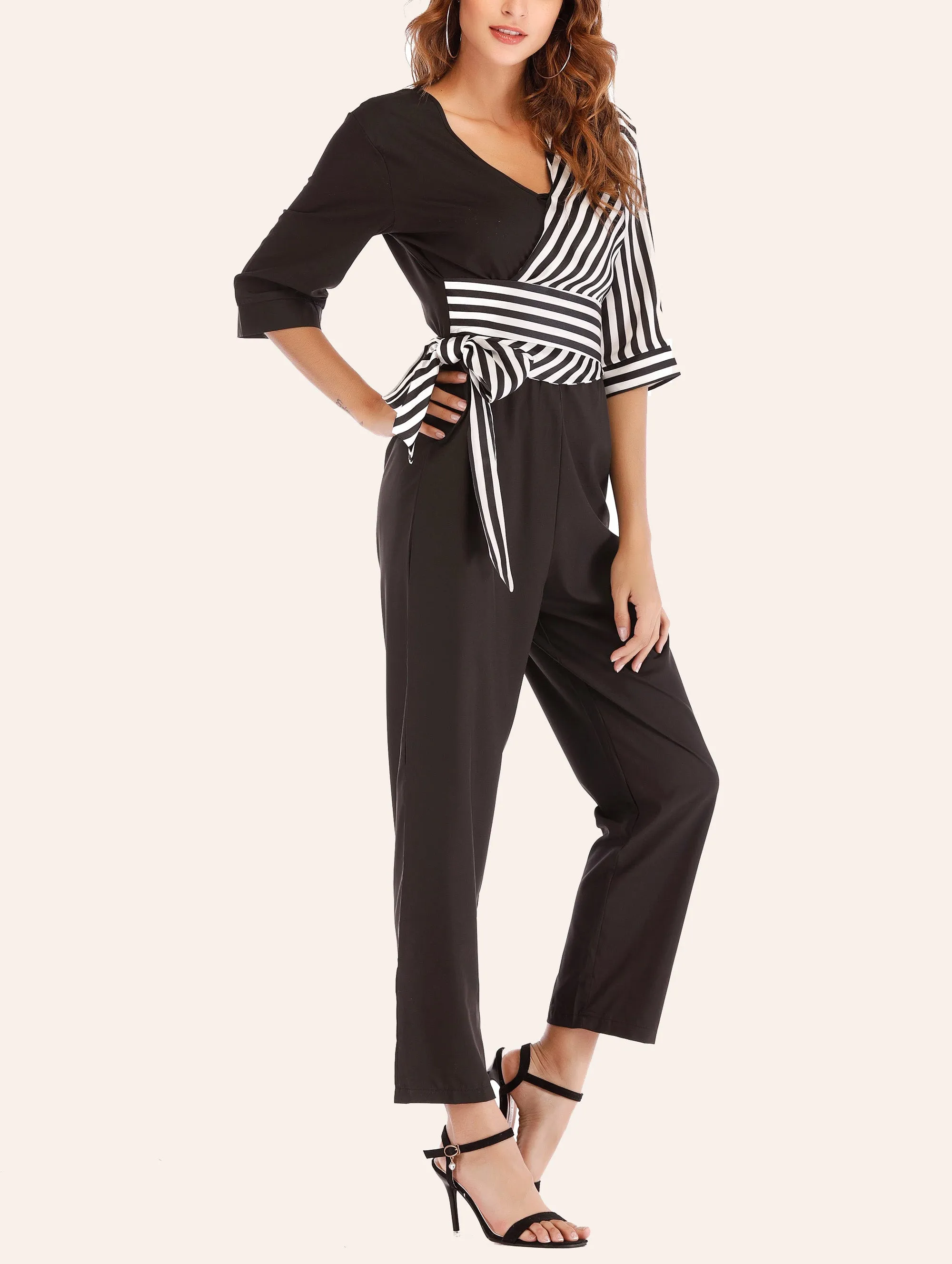 Sexy V-neck Cropped Sleeves Striped Stitching Lace-up Jumpsuit