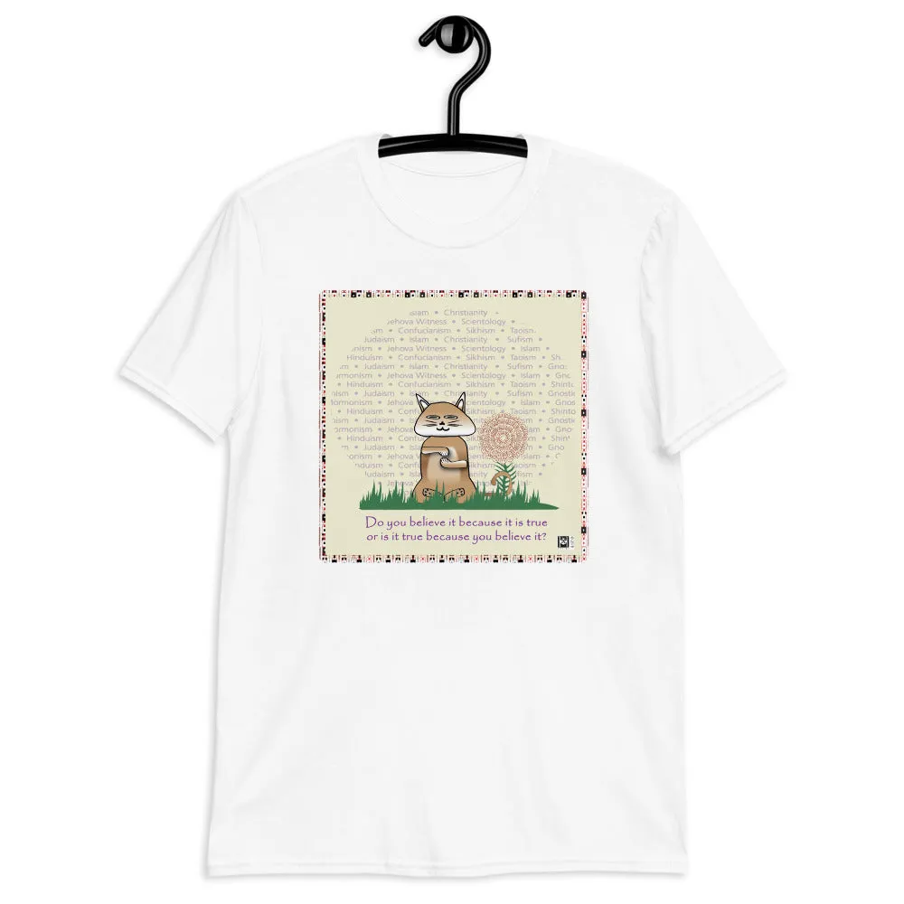 Short sleeve tee featuring a cat illustration with a message, white
