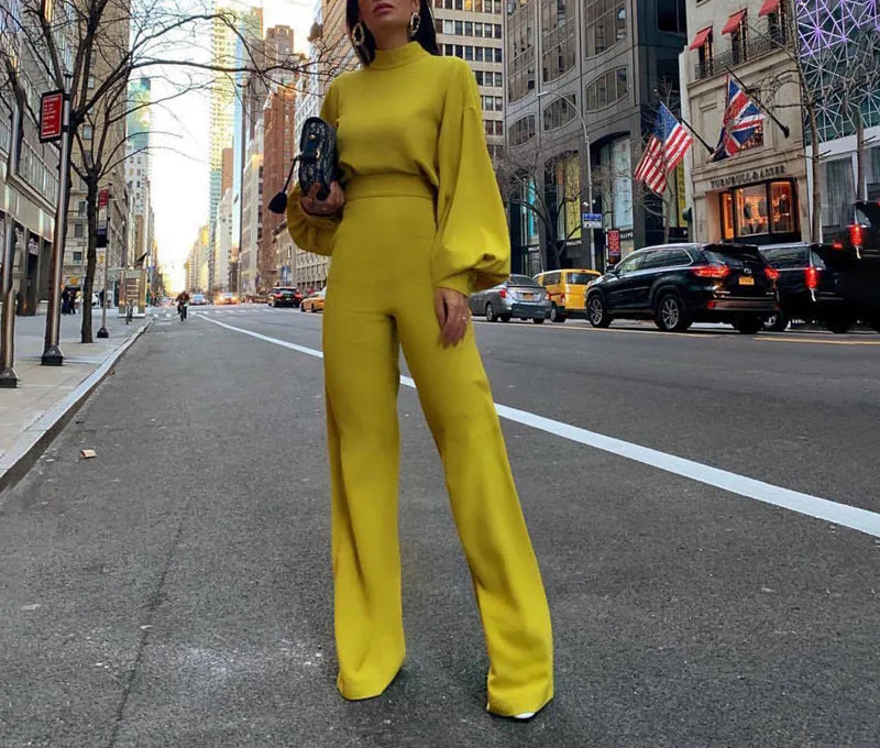 Solid Color High Collar Long Sleeve Casual Jumpsuit
