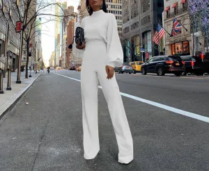 Solid Color High Collar Long Sleeve Casual Jumpsuit