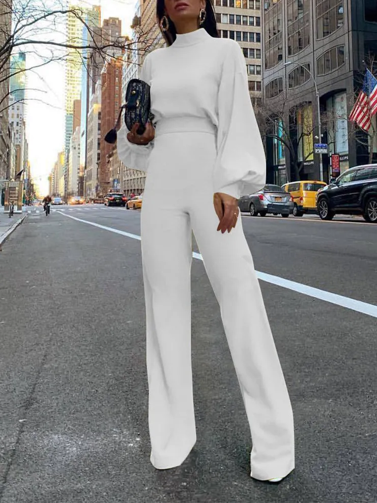 Solid Color High Collar Long Sleeve Casual Jumpsuit