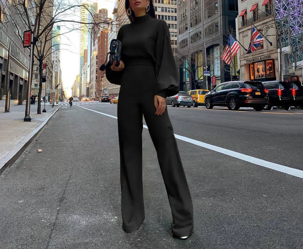 Solid Color High Collar Long Sleeve Casual Jumpsuit