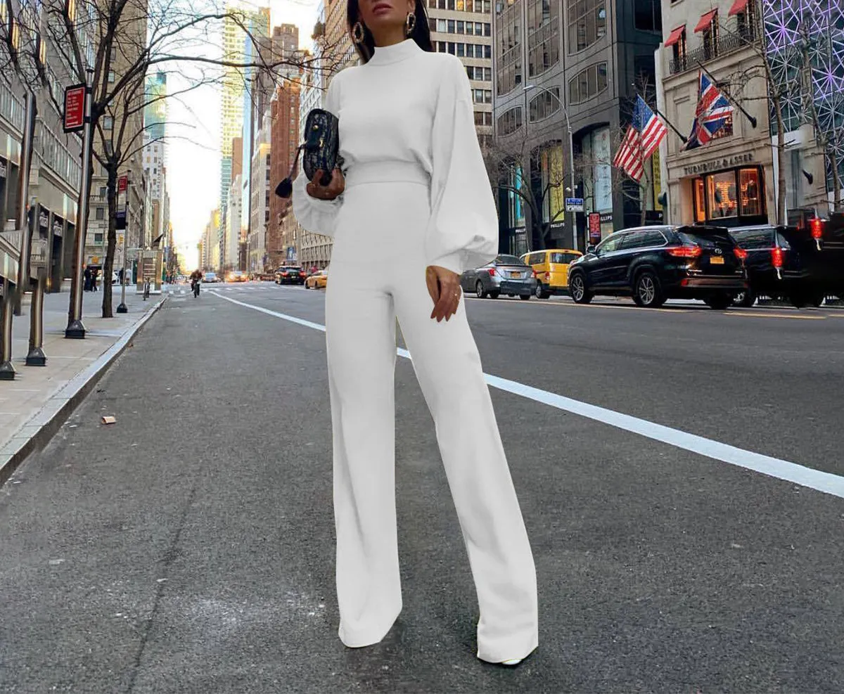 Solid Color High Collar Long Sleeve Casual Jumpsuit