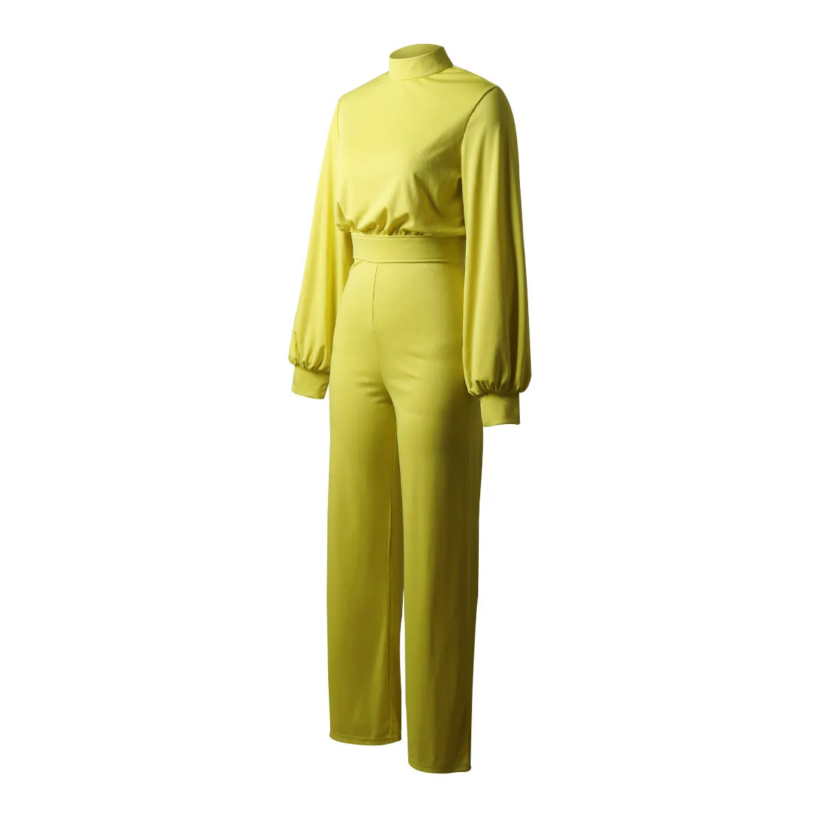 Solid Color High Collar Long Sleeve Casual Jumpsuit
