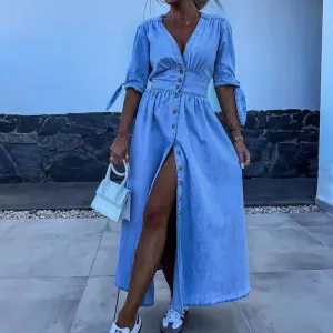 Solid Color V-Neck Single Breasted Jean Dress Elegant High Waist Denim Long Dress All Season Half Sleeve Tie-up Shirt Dress