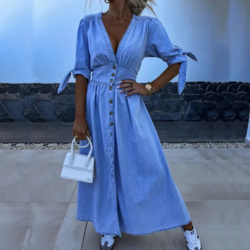 Solid Color V-Neck Single Breasted Jean Dress Elegant High Waist Denim Long Dress All Season Half Sleeve Tie-up Shirt Dress