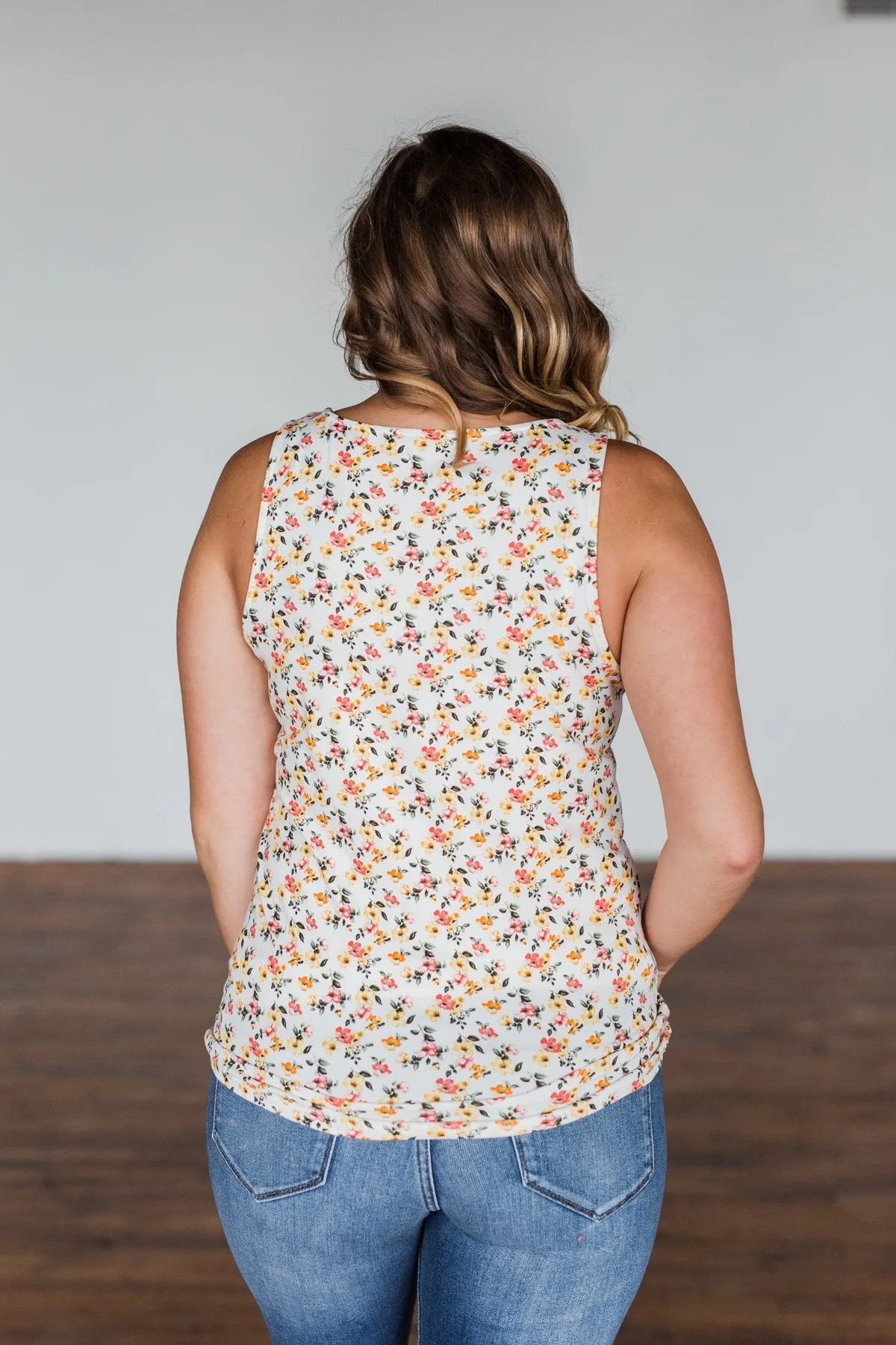 Sunny Smiles Floral Criss-Cross Tank Top- Ivory