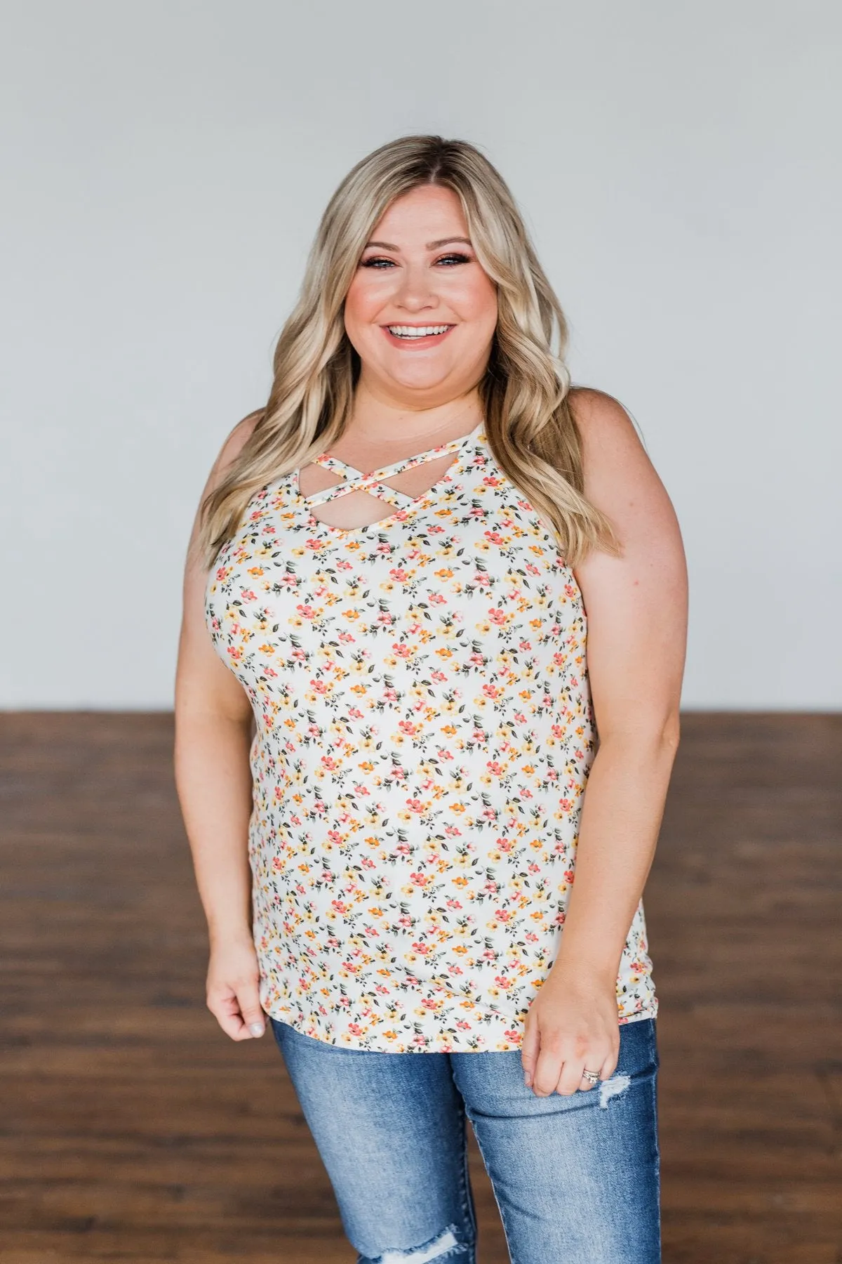 Sunny Smiles Floral Criss-Cross Tank Top- Ivory