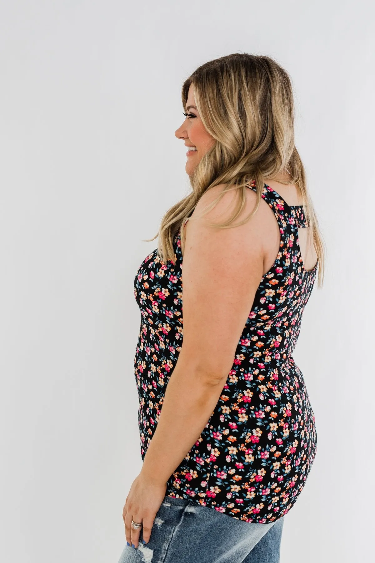 Take Care Floral Tank Top- Black