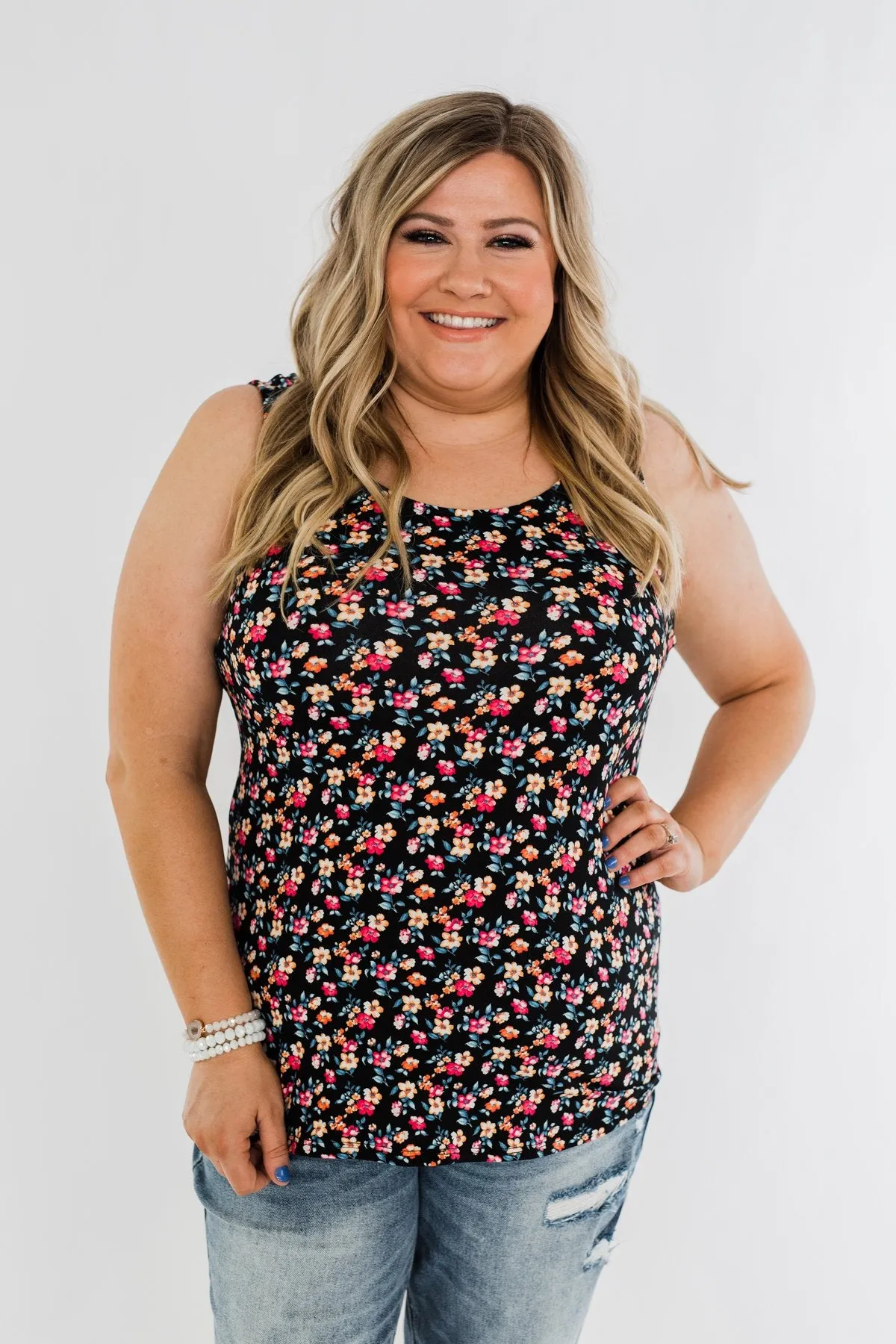 Take Care Floral Tank Top- Black