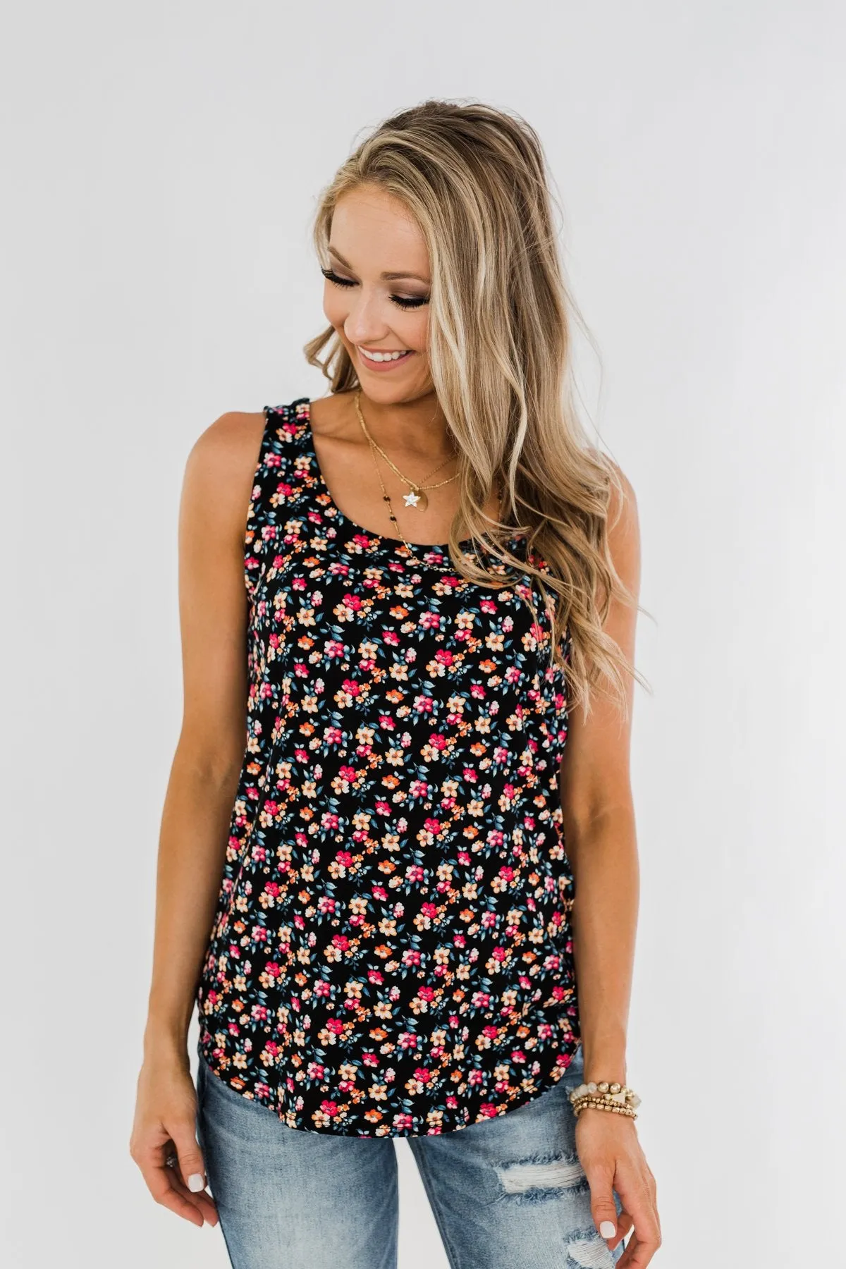 Take Care Floral Tank Top- Black