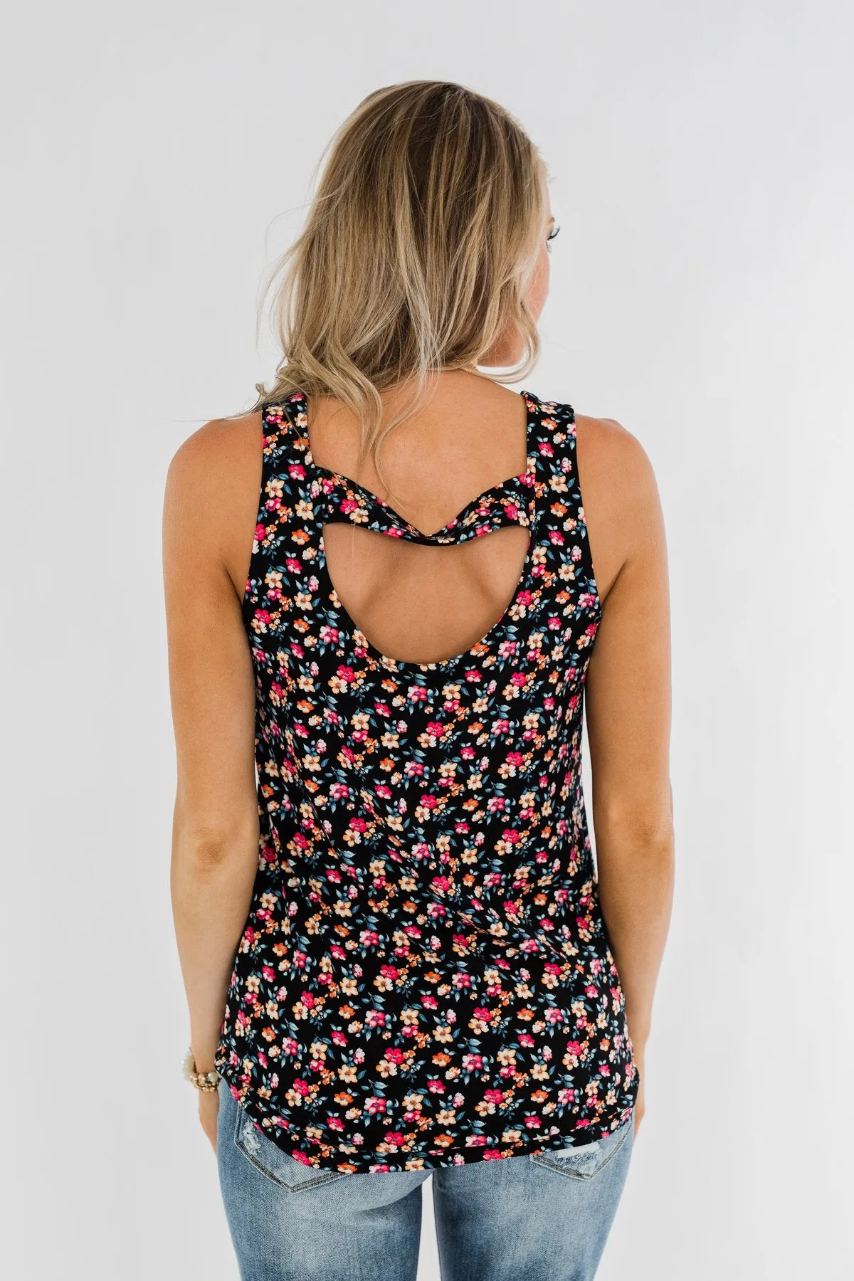 Take Care Floral Tank Top- Black