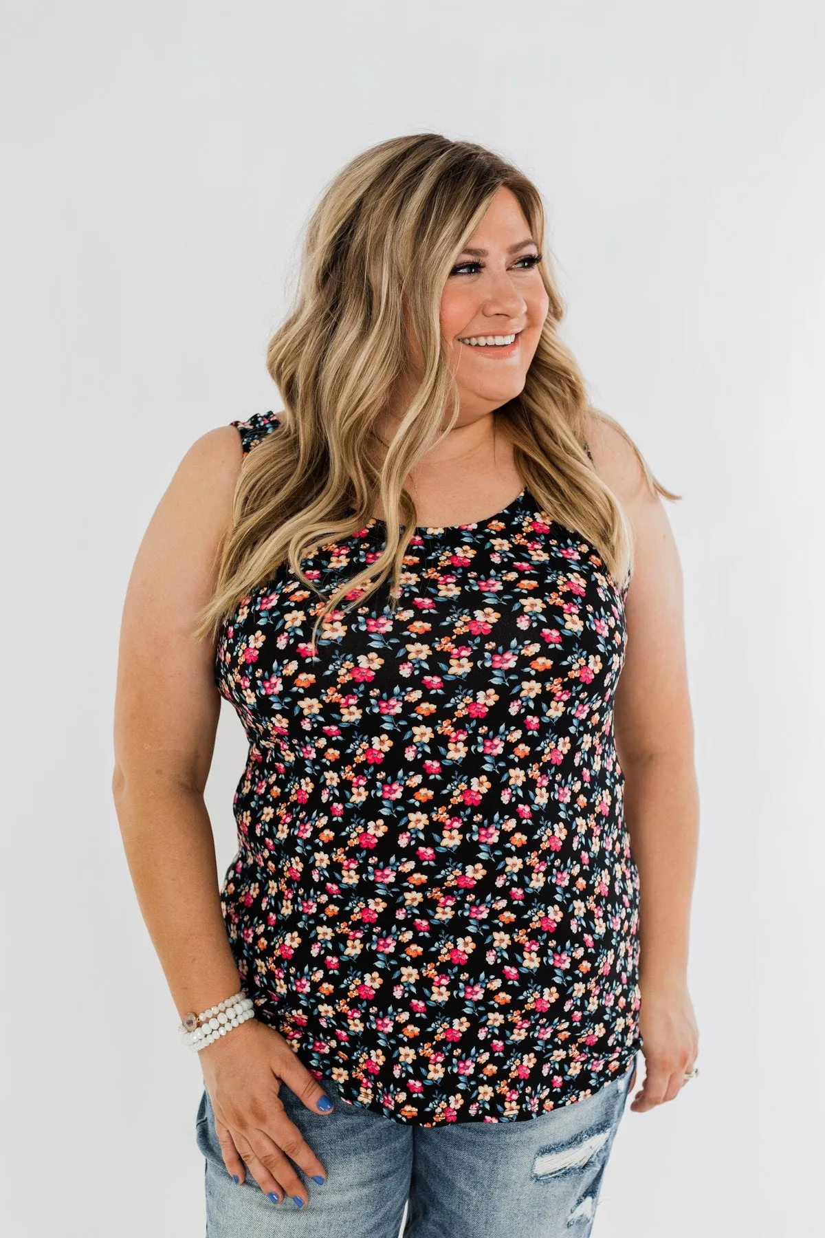 Take Care Floral Tank Top- Black