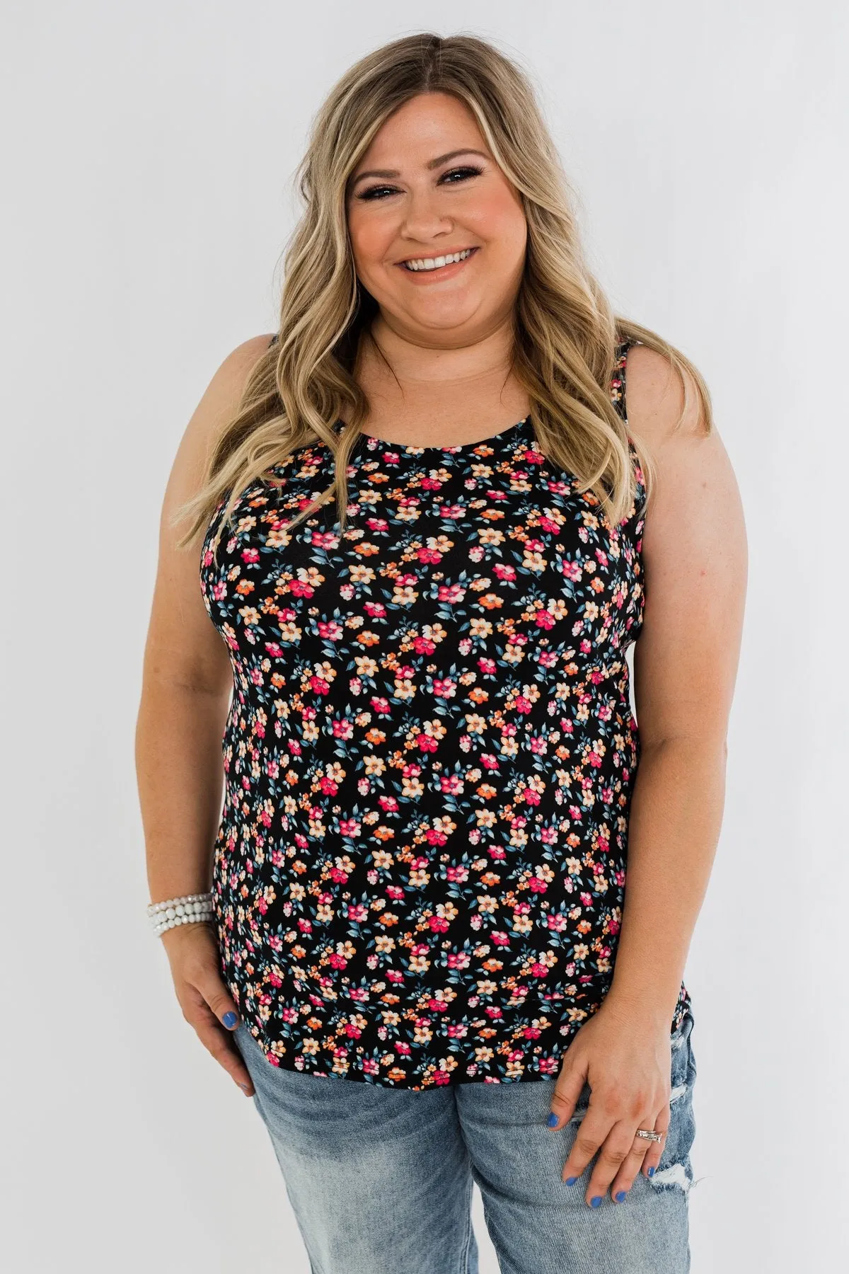 Take Care Floral Tank Top- Black