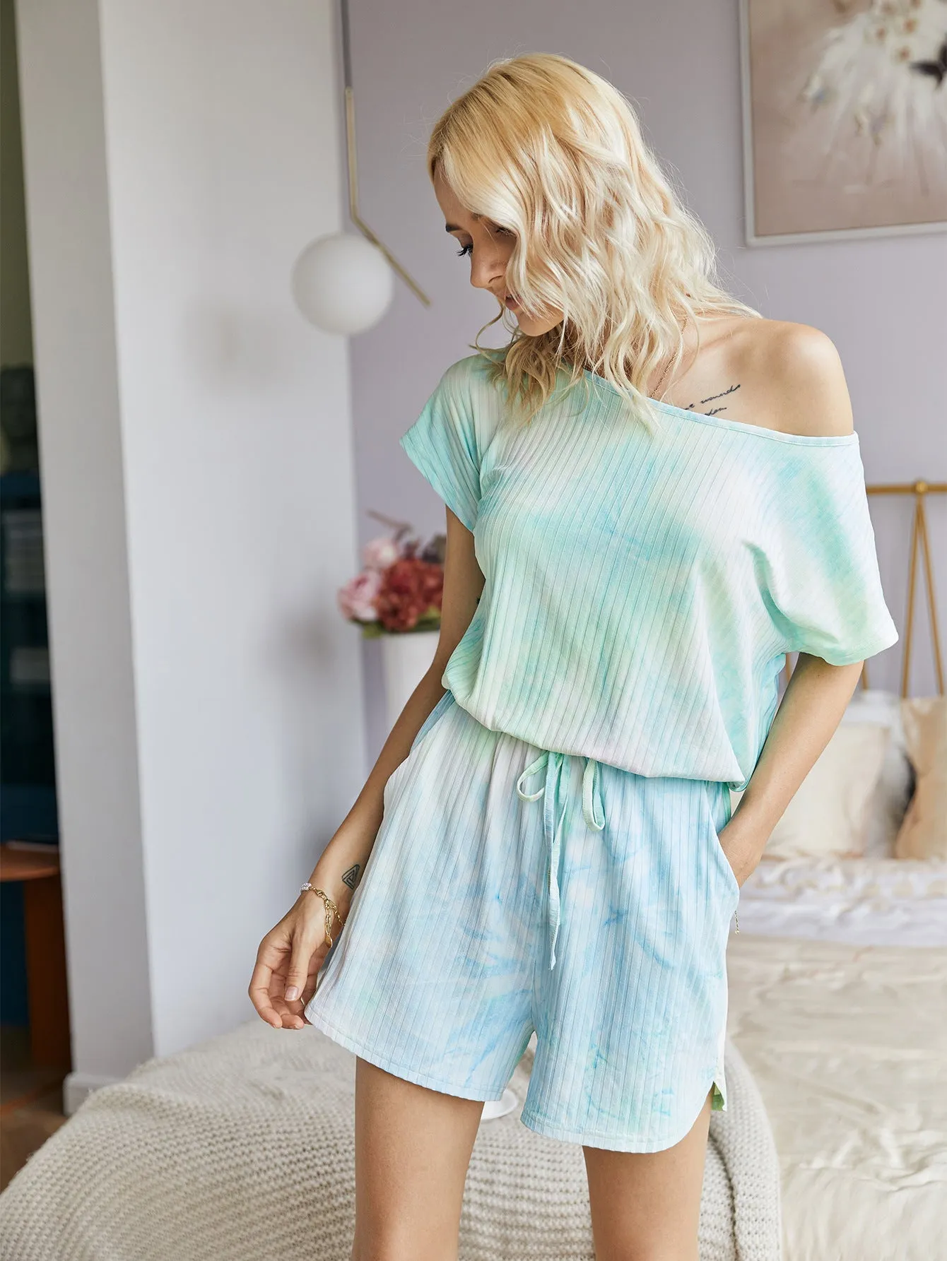 Tie Dye Lace-up Loungewear Jumpsuit Pit Striped Knit Rompers