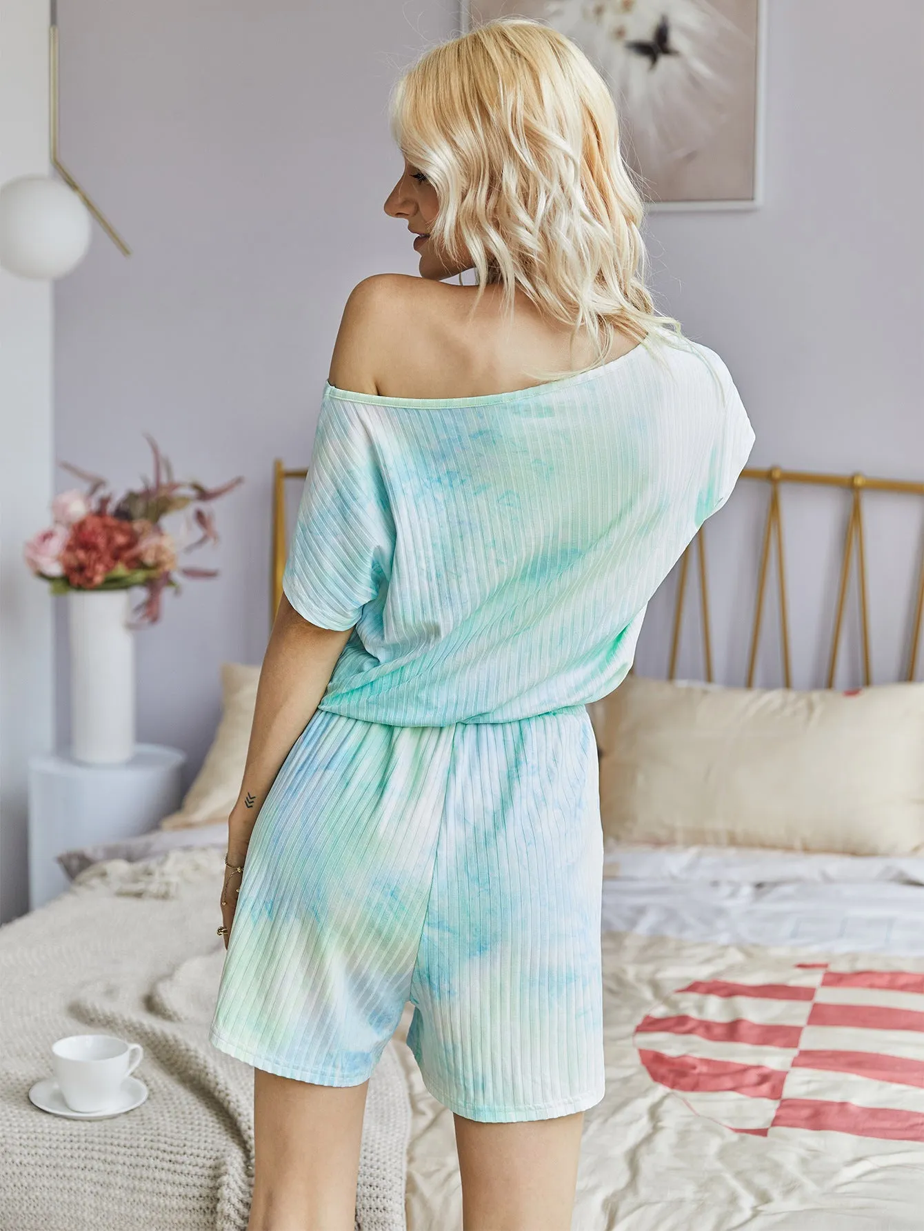 Tie Dye Lace-up Loungewear Jumpsuit Pit Striped Knit Rompers
