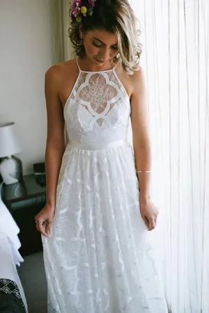 Transparent Halter Wedding Dresses with Lace and Striped Skirt