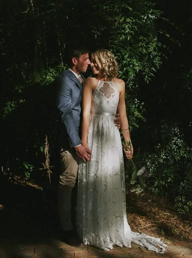 Transparent Halter Wedding Dresses with Lace and Striped Skirt