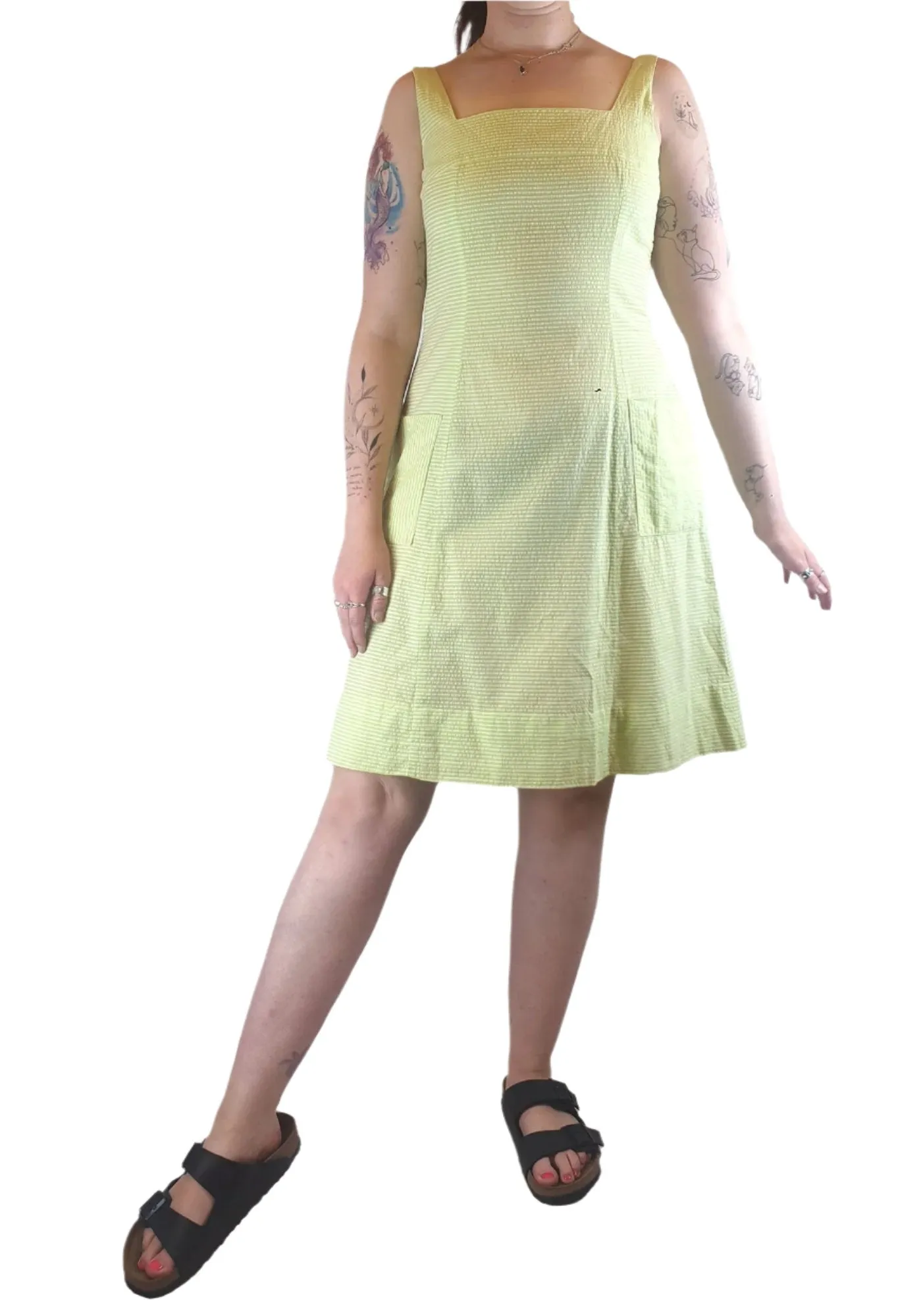 Vintage Allen Gar lime green and white striped sleeveless dress size 14 (best fits 12)