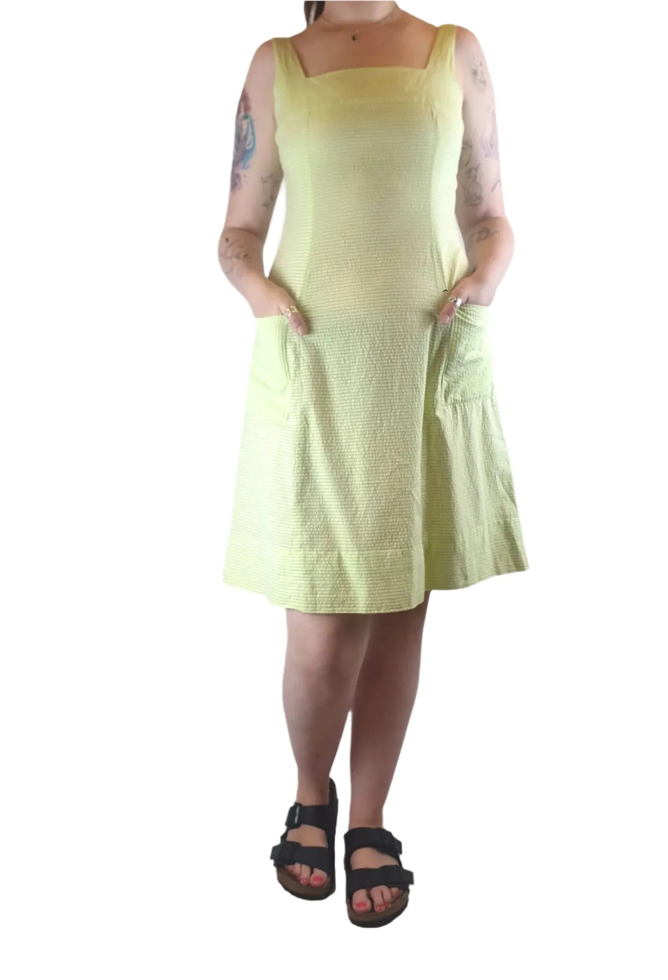 Vintage Allen Gar lime green and white striped sleeveless dress size 14 (best fits 12)