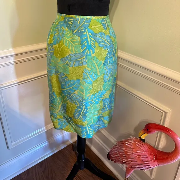 VINTAGE KASPER A.S.L. Petite SILK 2 PC SKIRT AND TOP SET TROPICAL DESIGN SIZE 2