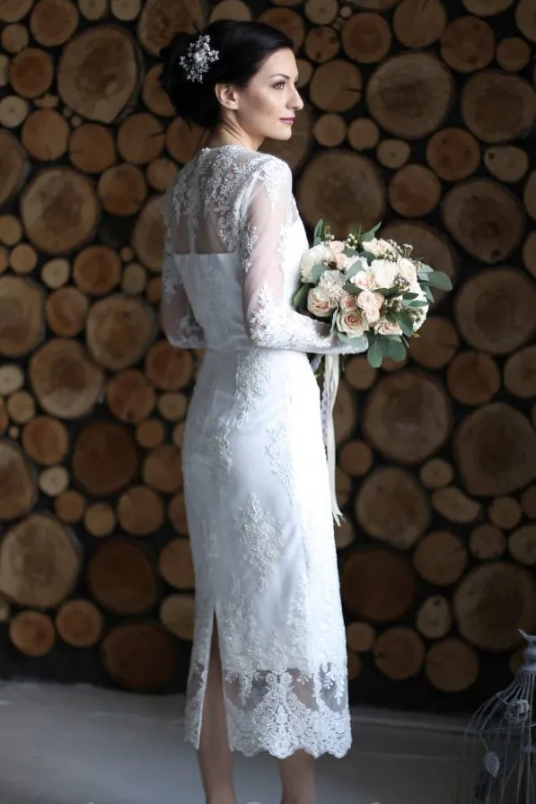 Vintage Sheath Tea-length Wedding Dress With Lace Appliques-715693