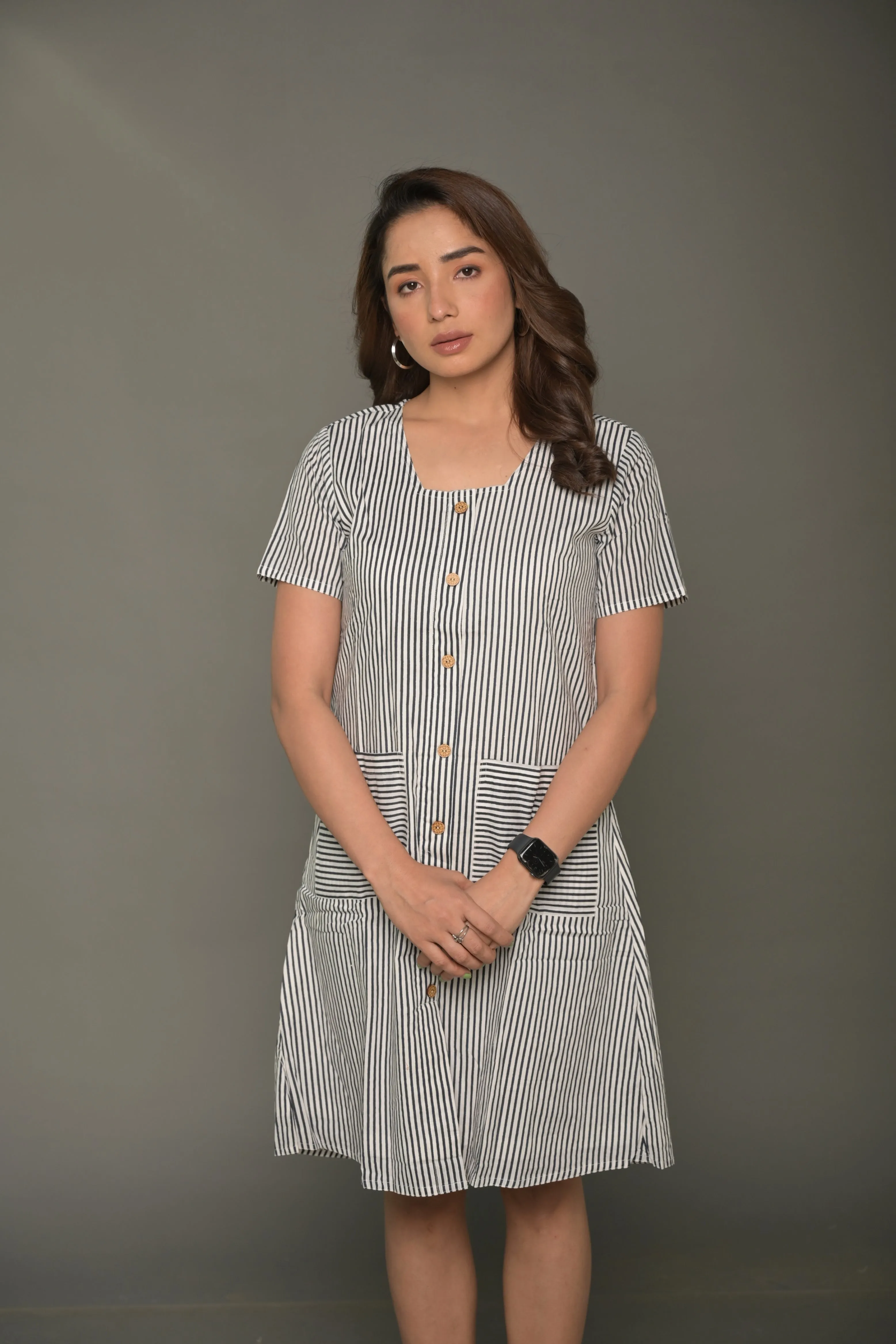 White & Black 'Brilliant' Striped Cotton Dress