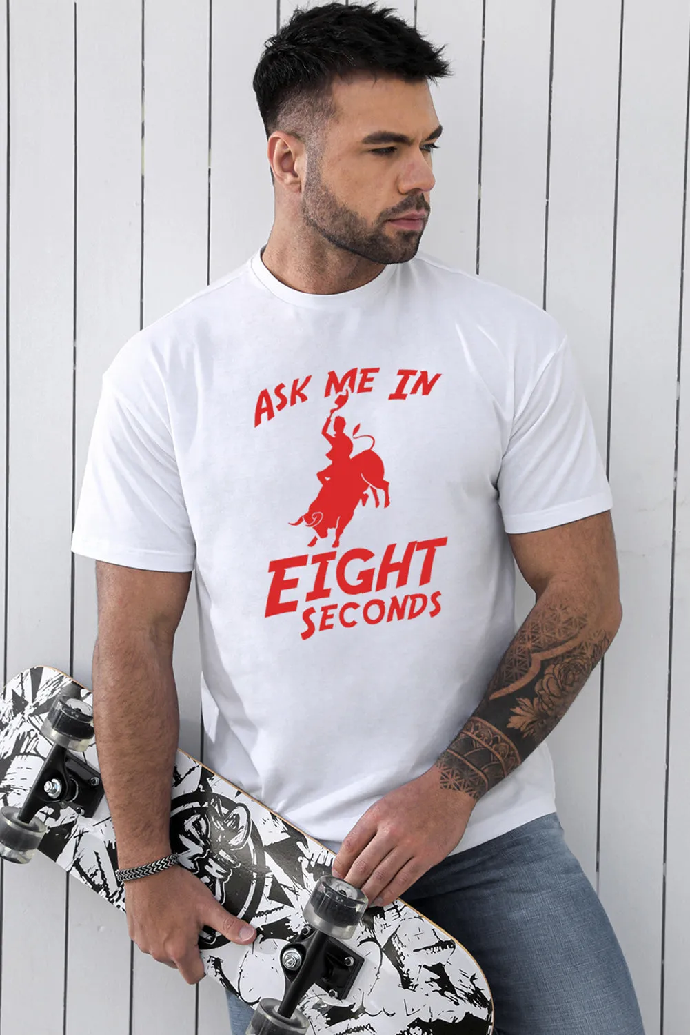 White Ask Me In Eight Second Cowboy Graphic Print Men's T Shirt