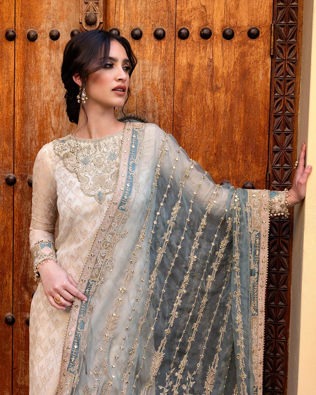 White Kameez Salwar Blue Dupatta Pakistani Wedding Dress