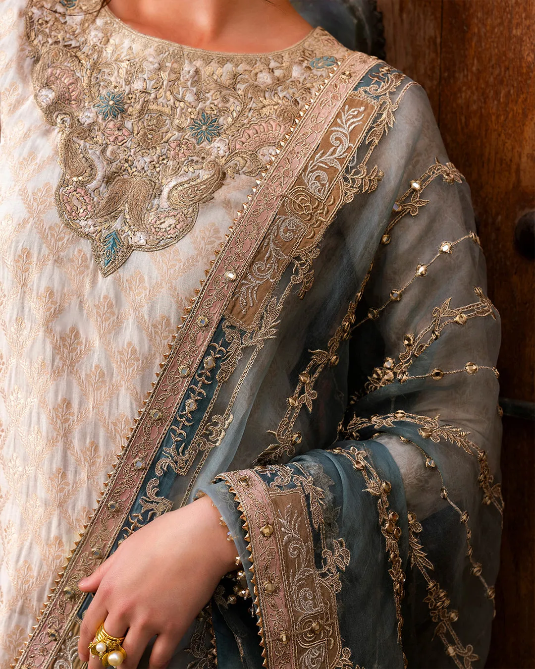White Kameez Salwar Blue Dupatta Pakistani Wedding Dress