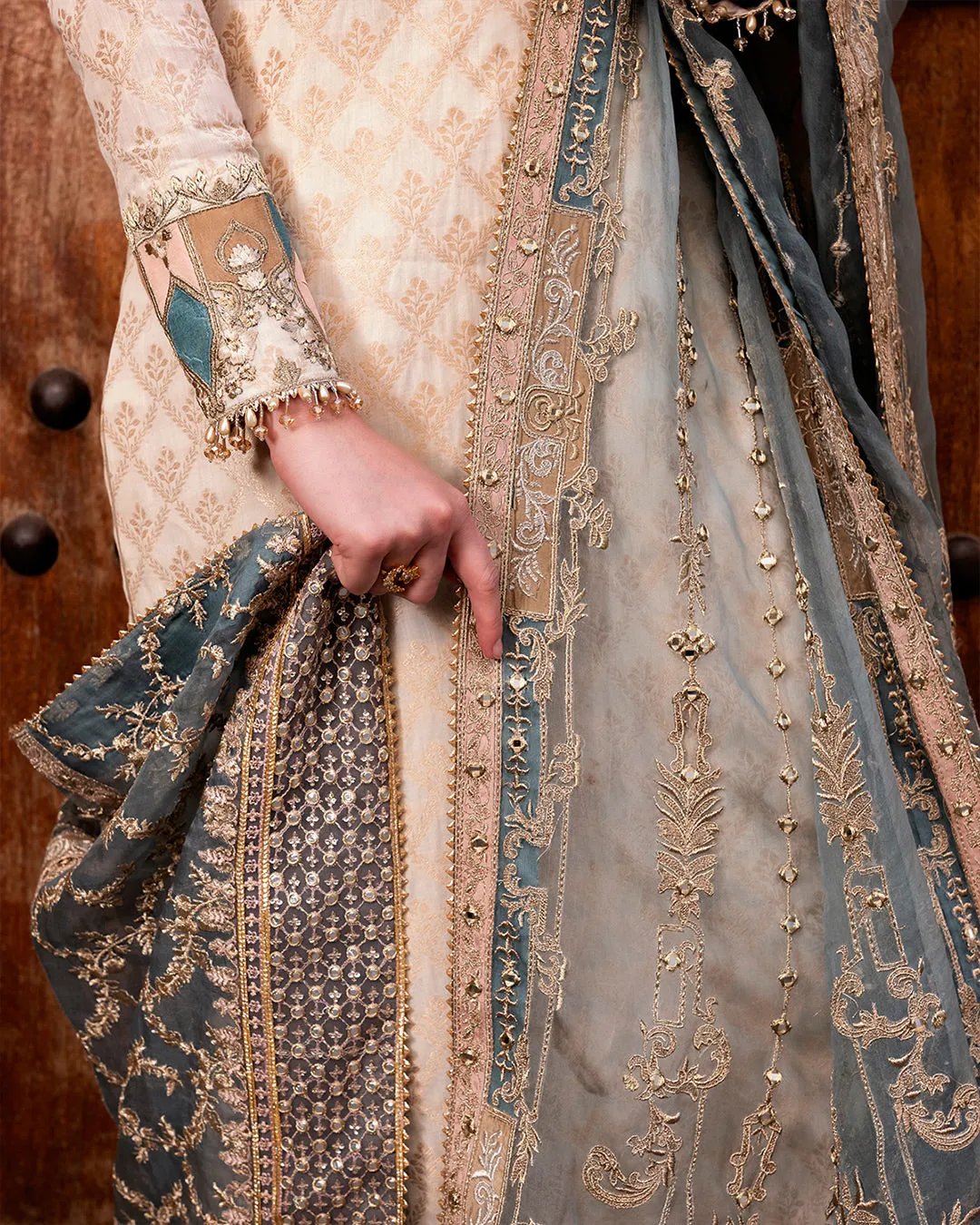 White Kameez Salwar Blue Dupatta Pakistani Wedding Dress