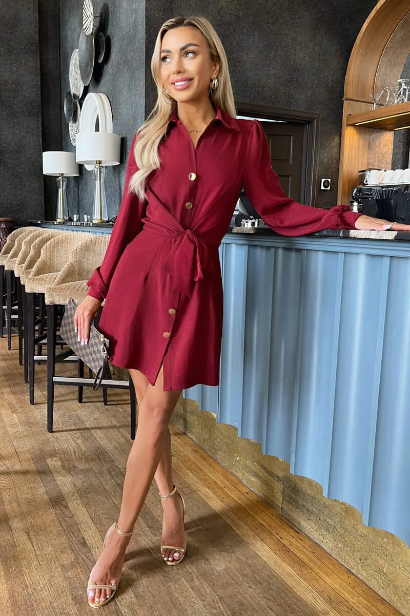 Wine Button Tie Front Mini Shirt Dress