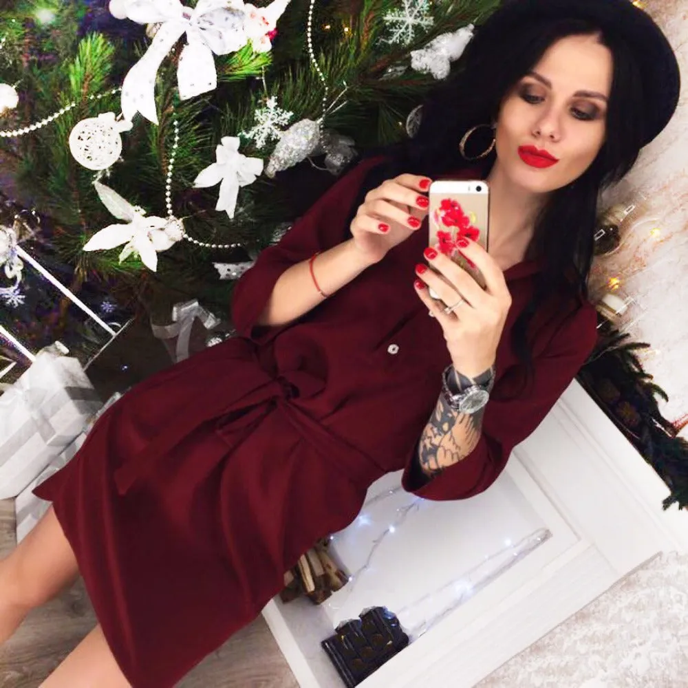 Women Belt Shirt Dresses