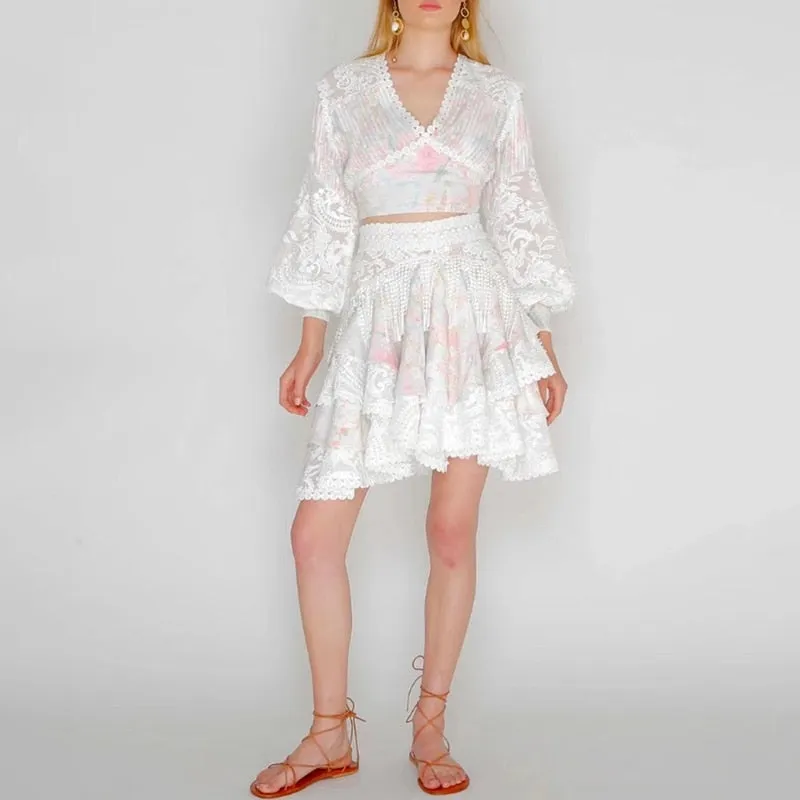 Women V Neck Lantern Sleeve Shirt High Waist Skirt