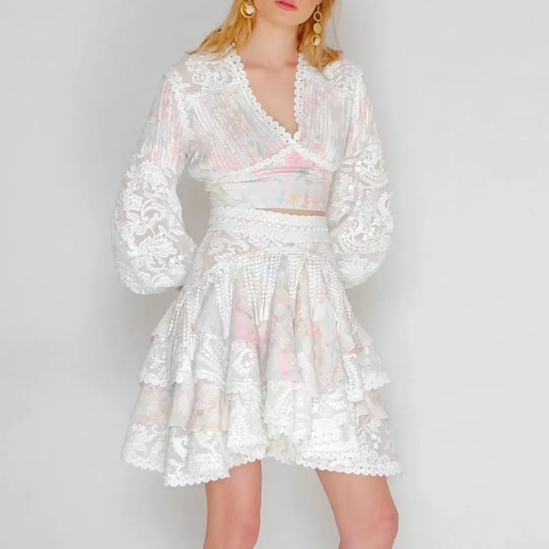 Women V Neck Lantern Sleeve Shirt High Waist Skirt
