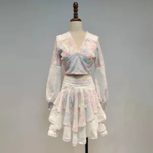 Women V Neck Lantern Sleeve Shirt High Waist Skirt