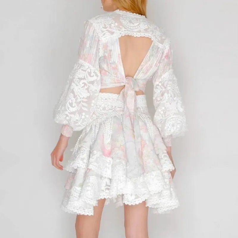 Women V Neck Lantern Sleeve Shirt High Waist Skirt