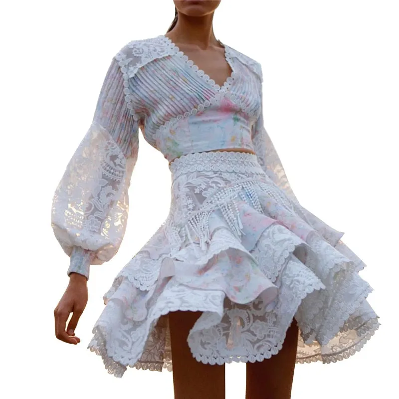 Women V Neck Lantern Sleeve Shirt High Waist Skirt