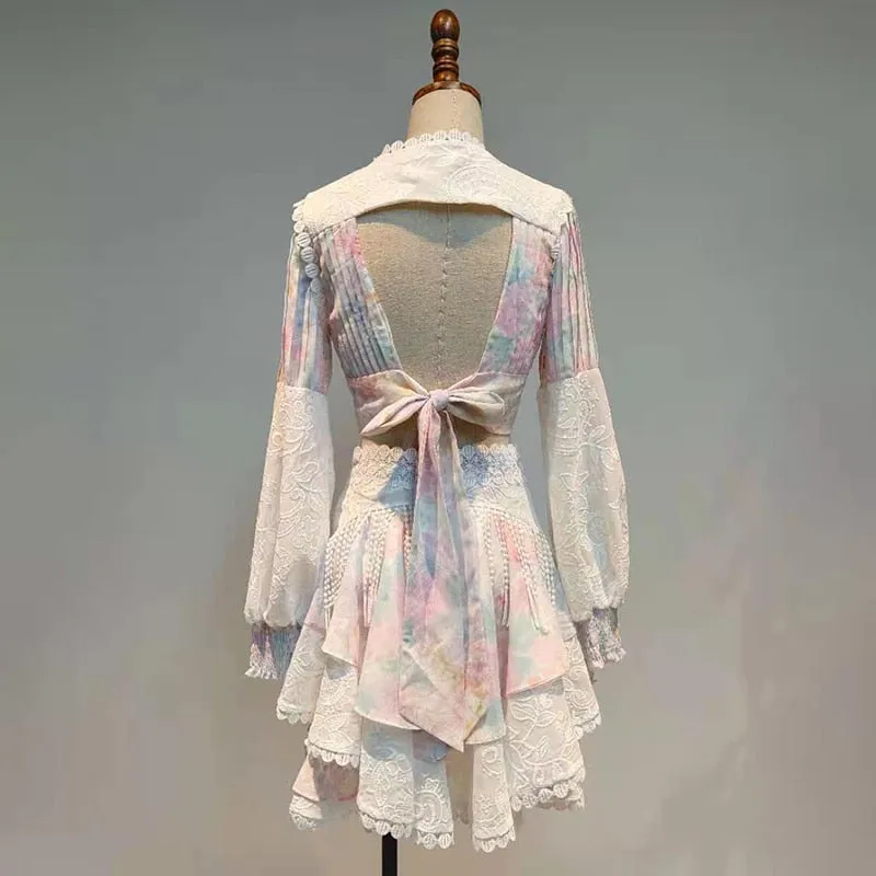 Women V Neck Lantern Sleeve Shirt High Waist Skirt
