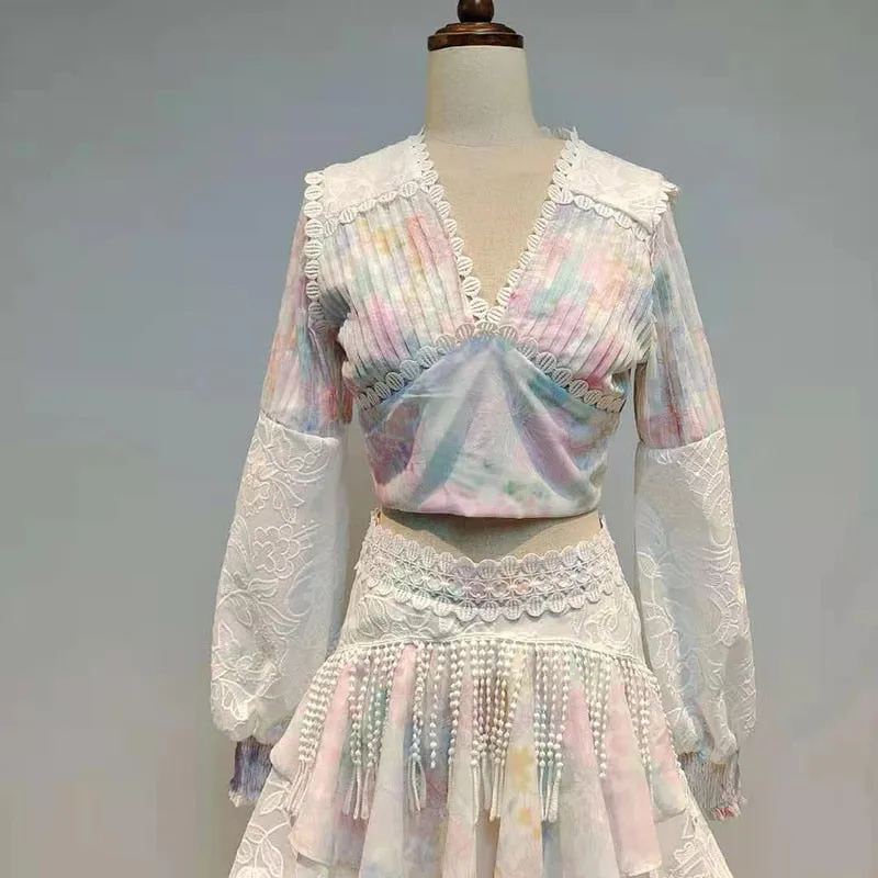 Women V Neck Lantern Sleeve Shirt High Waist Skirt