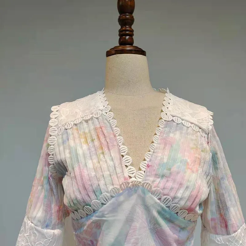 Women V Neck Lantern Sleeve Shirt High Waist Skirt