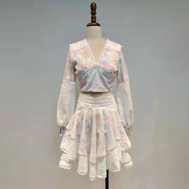 Women V Neck Lantern Sleeve Shirt High Waist Skirt