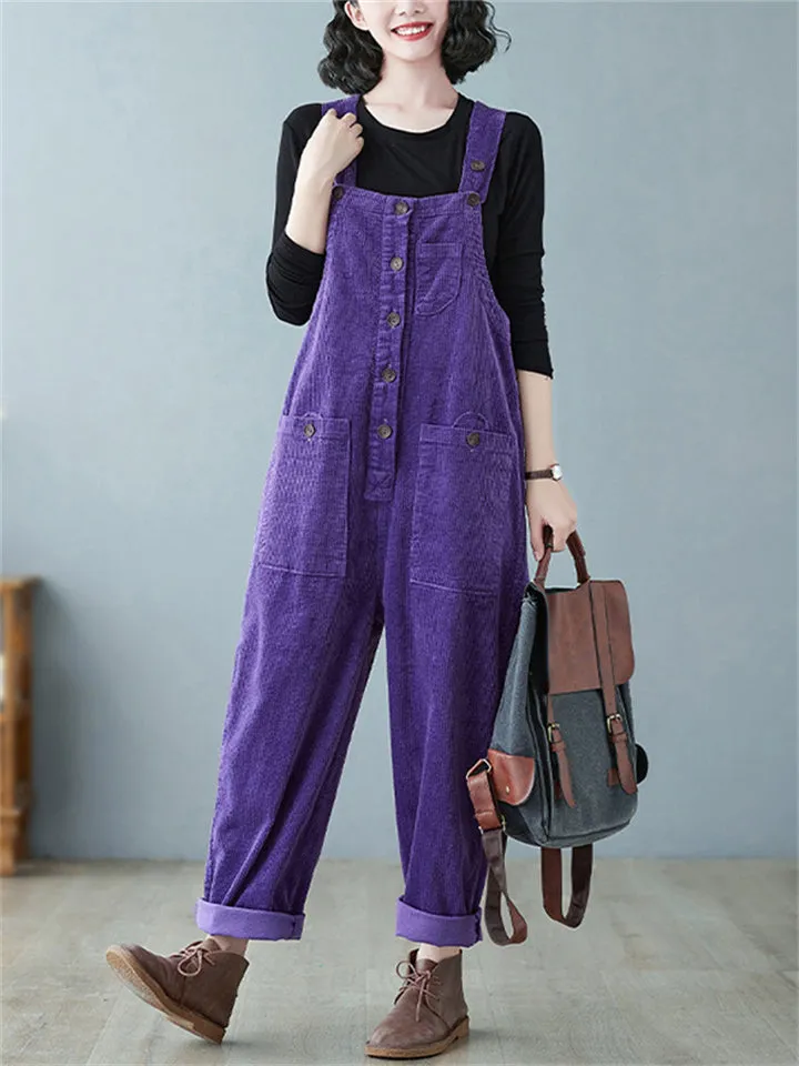 Women's Cute Square Neck Patch Pocket Corduroy Overalls