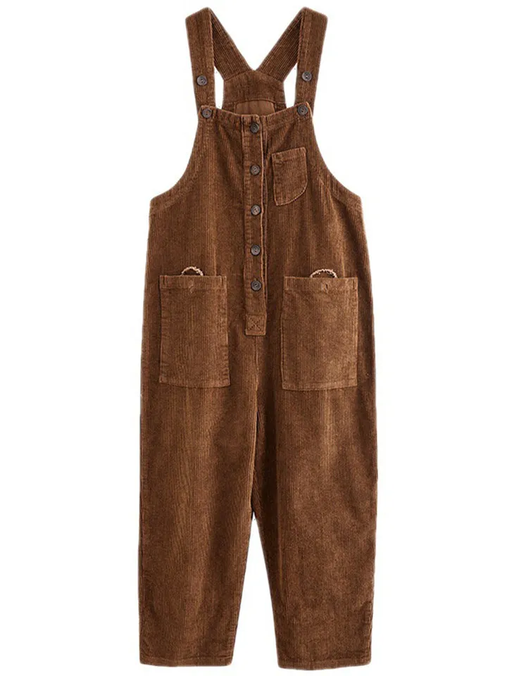 Women's Cute Square Neck Patch Pocket Corduroy Overalls