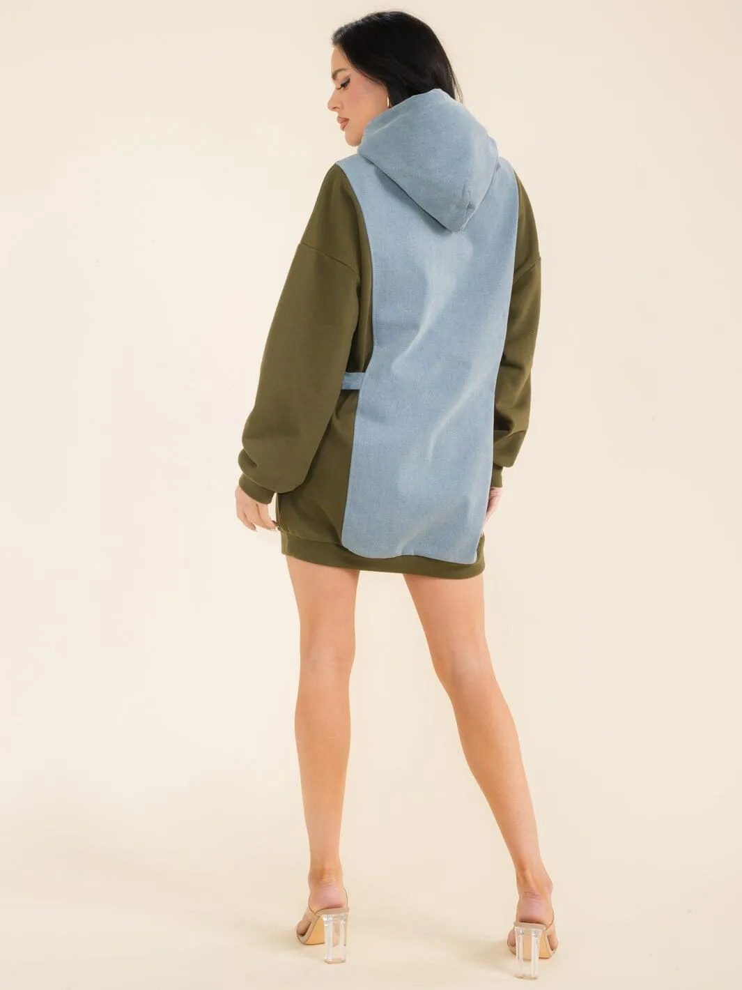 WOMEN'S LONG SLEEVES HOODED DENIM CONTRAST MINI DRESS